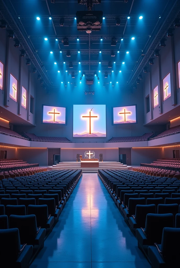 A very huge and wide rectangualar meeting hall, with many rows and Columns of chairs devided with 3 walk ways,blue and white light in the building,ceiling with many spot lights, A wide Huge tectangual stage at a far end, background of the stage "a full screen shoing A light shining out from a bible cross on the top of the bible and a dove on the top of the cross", Tv screen hang down on the middels of ceiling infron of rows