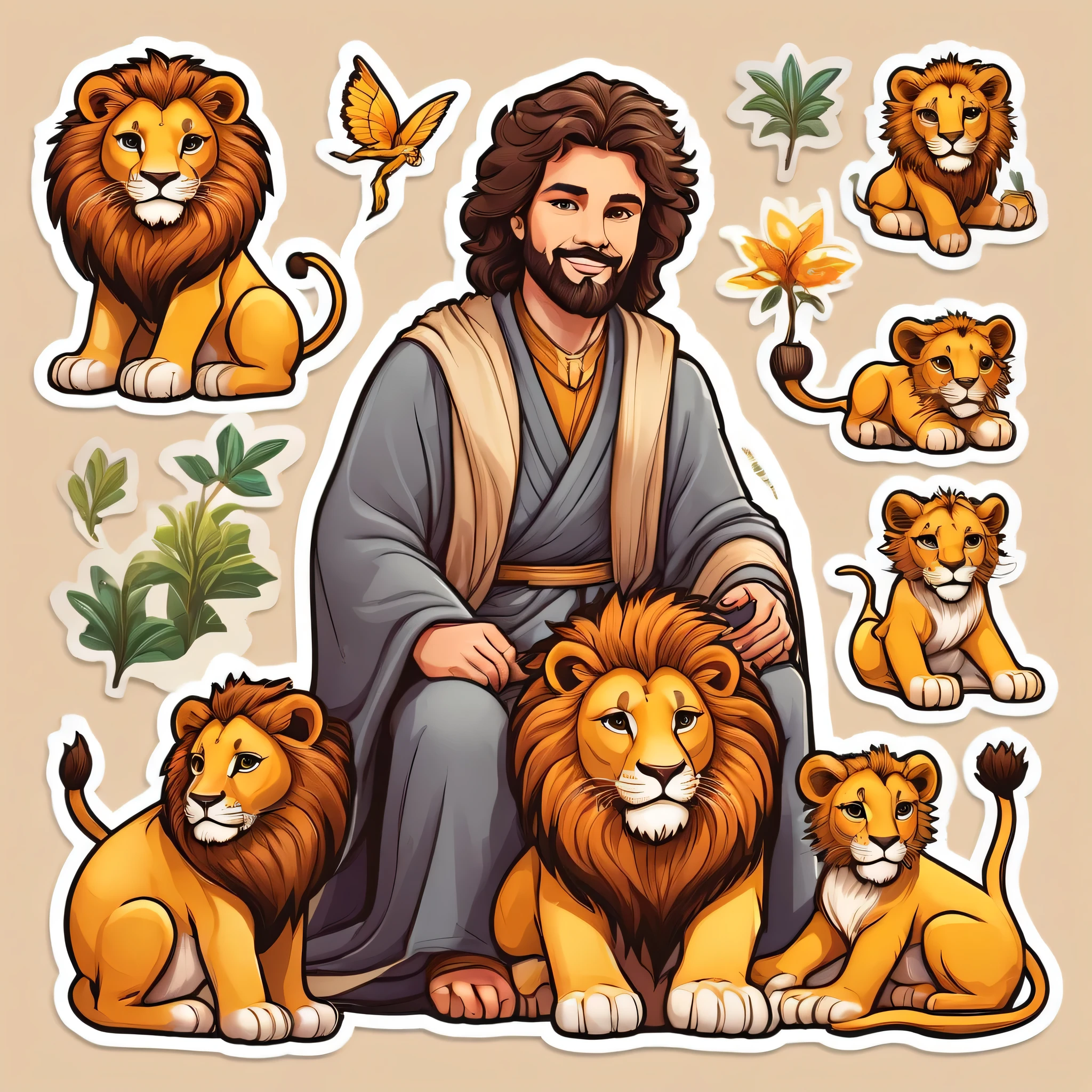 Create a children’s sticker of Daniel in the lion's den. Daniel should be depicted as a young man with short, dark hair and a light beard, wearing a simple robe in soft, earthy tones like beige or light brown. He has a warm, calm smile on his face, radiating serenity and confidence, showing his trust in God. Surrounding Daniel are a few lions, drawn in a friendly and non-threatening manner, with big, soft eyes and gentle, playful expressions. The lions are positioned close to Daniel, either sitting or lying down, clearly showing that they are peaceful and protective. The style should be playful, with rounded lines and bright, cheerful colors, making the characters approachable and appealing for children. The design should be optimized for a sticker format, with a transparent background so it can be easily placed on various digital surfaces.