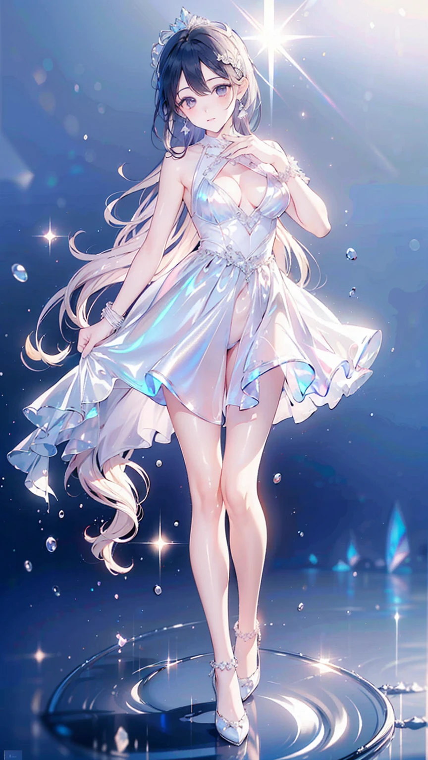 ((high detail, high quality, best picture, Masterpiece, 8k, delicate and dynamic depiction)), summer sunshine, On a white terrace facing the sea, foggy filter effects, glitter effects, full body standing, sexy pose, beautiful woman in her 20s with medium breasts, she is wearing a Gorgeous and voluminous white reflectiv princess dress,made of lots of fabric, Luminous design, shiny glossy iridescent clothes, shiny glossy gradient iridescent clothes, shiny reflective clothes, pastel colors, earrings or pierced earrings, bracelet,anklet and more many accessoris, reflectiv lighting, ink drops, Bokeh, Pale, soft gradient,