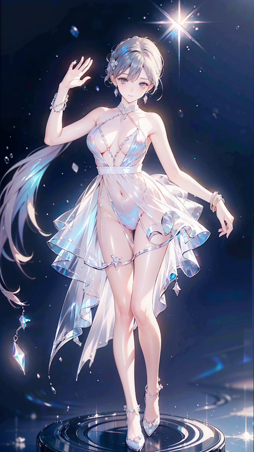 ((high detail, high quality, best picture, Masterpiece, 8k, delicate and dynamic depiction)), summer sunshine, On a white terrace facing the sea, foggy filter effects, glitter effects, full body standing, sexy pose, beautiful woman in her 20s with medium breasts, she is wearing a Gorgeous and voluminous white reflectiv princess dress,made of lots of fabric, Luminous design, shiny glossy iridescent clothes, shiny glossy gradient iridescent clothes, shiny reflective clothes, pastel colors, earrings or pierced earrings, bracelet,anklet and more many accessoris, reflectiv lighting, ink drops, Bokeh, Pale, soft gradient,