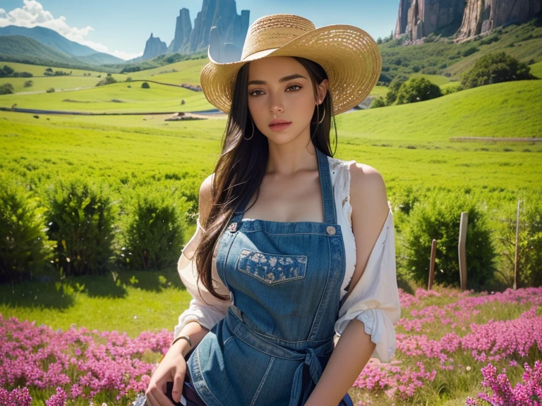 A cowgirl in a field, wearing a sexy apron, striking a sensual pose,beautiful detailed eyes,extremely detailed face,long eyelashes,detailed clothing,detailed scenery,ultra-detailed,8k,highres,masterpiece,photorealistic,vivid colors,natural lighting,cinematic,fantasy art,dramatic lighting