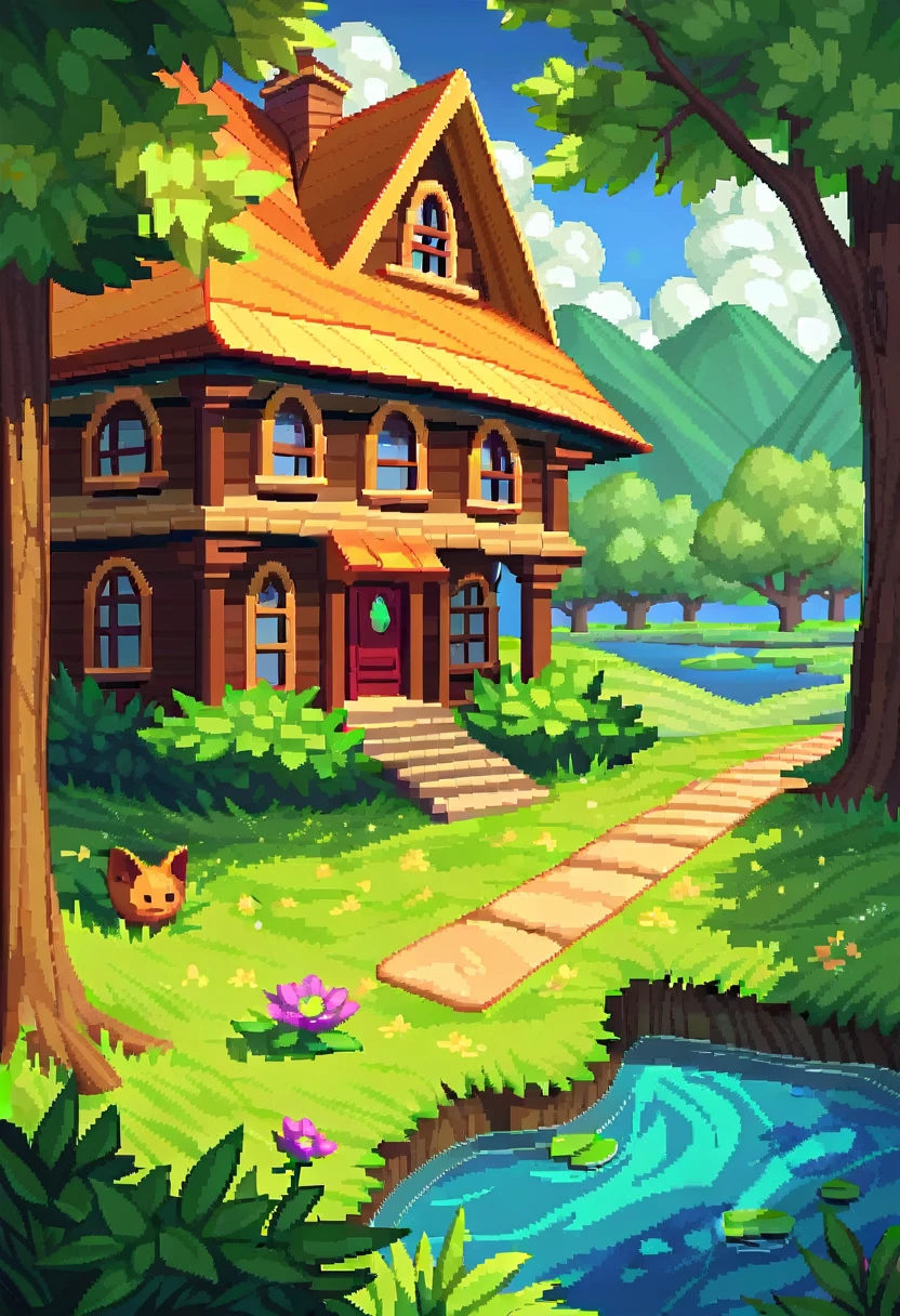 (masterpiece, top quality, best quality), pixel,pixel art, tree, outdoors, no humans, grass, scenery, day, flower, bush, pond, cloud, rock, nature, buliding, fence, clay pot, wooden house, background night