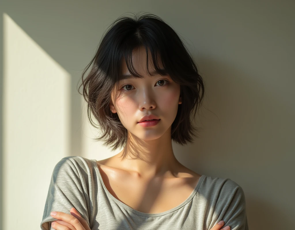 Unisex clothing、Her hair is styled with her bangs down.、Upper body photo、Short shortcuts、natural、Japanese、female、Natural light、Highest quality、Realistic skin texture、Cross your arms、27age、Dimples、Rough skin、