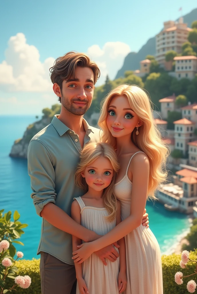  blonde child with blue eyes together with her father dark brown hair and brown eyes and her mother blonde green eyes long hair in Monaco 8k ultra realistic photorealistic 
