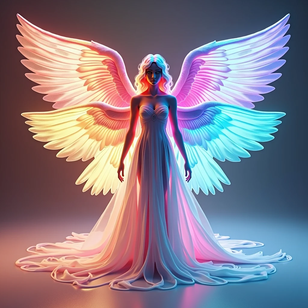 One person,((((All 6 wings are different colors.))))、 (((ドレス姿1.5))), ((((3 pairs of 6 wings:2.0)))), Beautiful angel, (((The upper wing is warm colored, the middle wing is iridescent, and the lower wing is cool colored.))), (rainbow colop body), 2 tails, Holographic, (The wings are symmetrically paired;1.8), Rainbow gradient