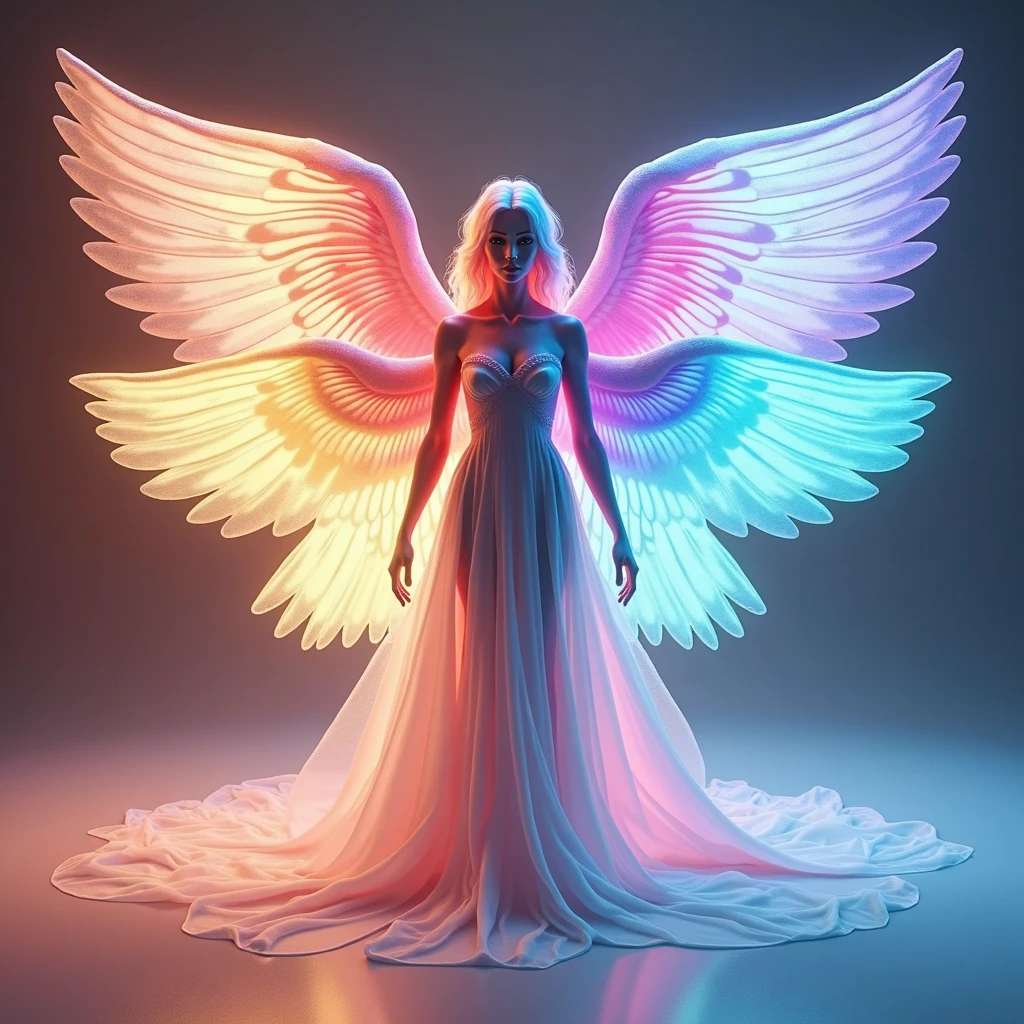 One person,((((All 6 wings are different colors.))))、 (((ドレス姿1.5))), ((((3 pairs of 6 wings:2.0)))), Beautiful angel, (((The upper wing is warm colored, the middle wing is iridescent, and the lower wing is cool colored.))), (rainbow colop body), 2 tails, Holographic, (The wings are symmetrically paired;1.8), Rainbow gradient

