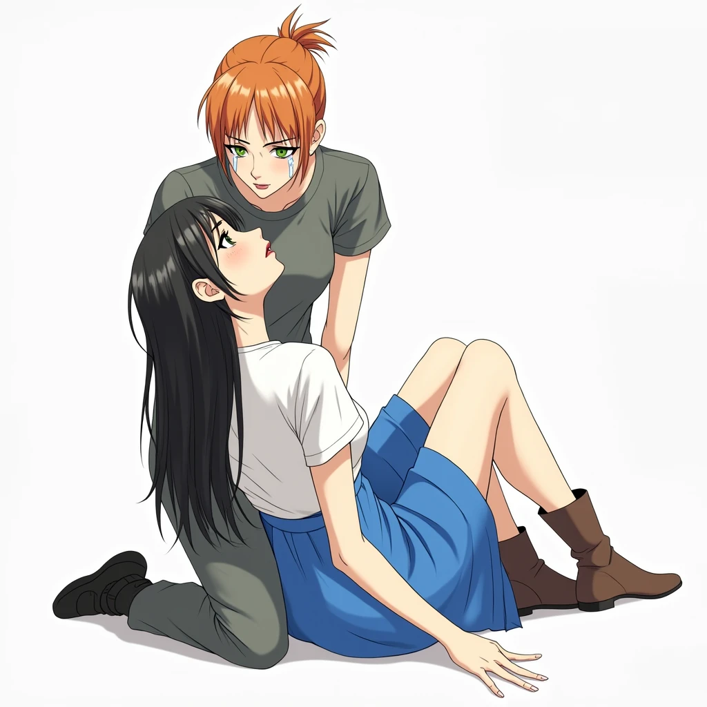 woman, tears from the eyes, with very short orange hair, gathered in a small ponytail and green eyes, in a grey T-shirt and grey pants, holds an unconscious woman in his arms,, closed eyes, with black long hair in a white T-shirt and a blue long skirt, Brown boots, anime art, masterpiece, realistically, professional quality, super detail