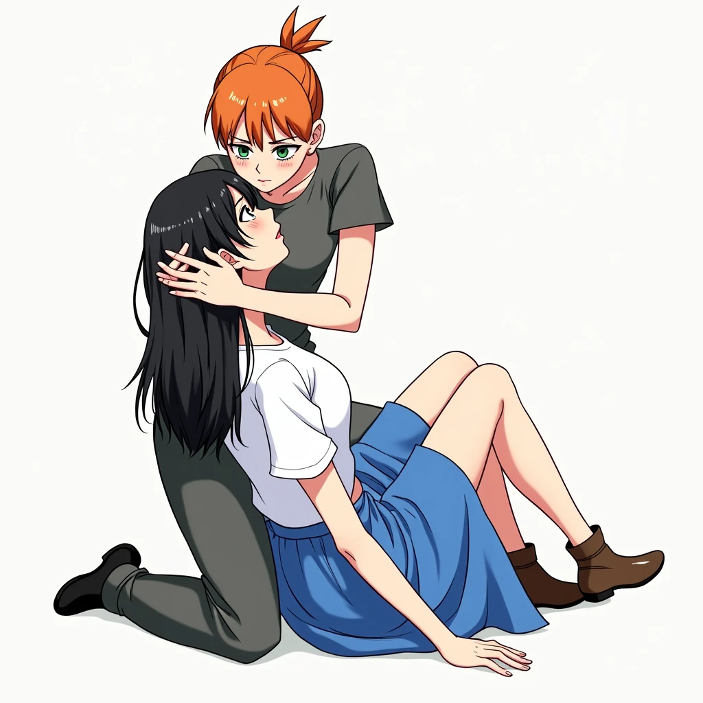 woman, tears from the eyes, with very short orange hair, gathered in a small ponytail and green eyes, in a grey T-shirt and grey pants, holds an unconscious woman in his arms,, closed eyes, with black long hair in a white T-shirt and a blue long skirt, Brown boots, anime art, masterpiece, realistically, professional quality, super detail
