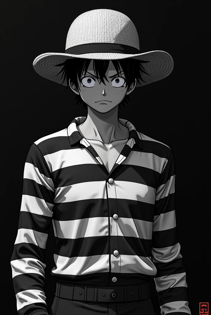Monkey D. Luffy in prison uniform black and white striped long sleeves with black and white striped petition hat Original anime One Piece