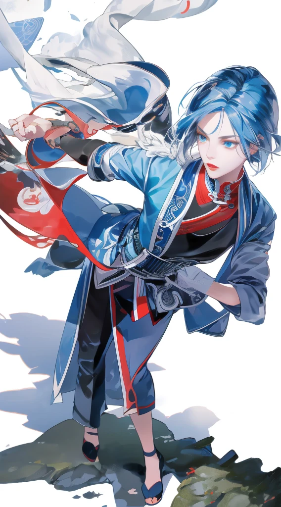 Masterpiece, Best quality, 1 Ji Ruxue, the expression is cold, strong, blue eyes, short hair, wolfcut hairstyle, smoky mix blue color hair, resolute eyes, red lips, simple Taoist Taoist uniform, Chinese mix morden, frontal photo, black or white background, simple background, anime, illustration, Chinese style short-sleeved shirt, cool girl, Ji Ru Xue, Fullbody, blank background , full HD, full body, leggy, standing position, simple background