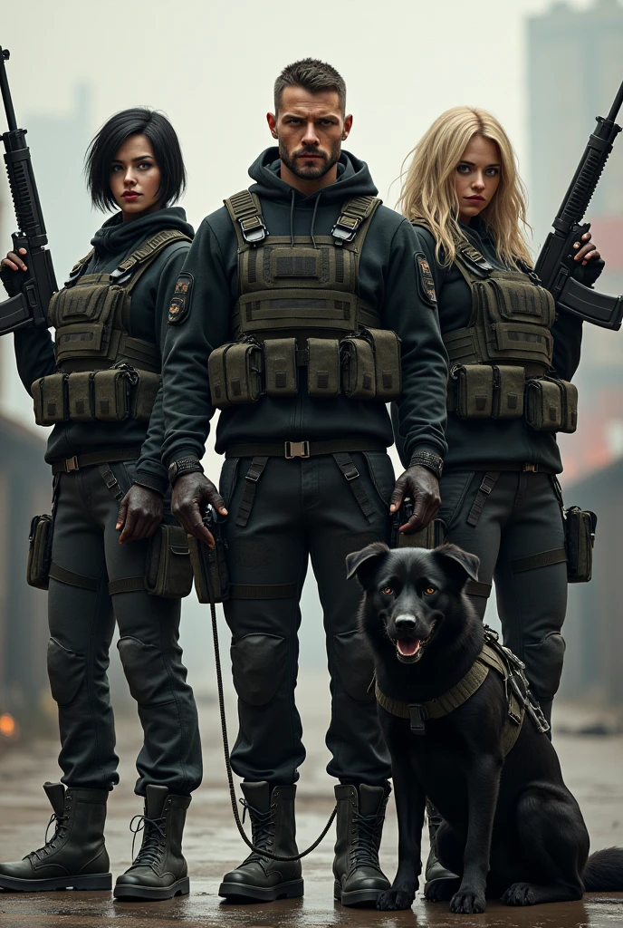 1 Man with short hair and beard and 2 women, one with short black hair and the other with long blonde hair, All three dressed in black tactical clothing, the man with long guns, guns on their waists on their legs and in their vests and women with handguns and pistols on their waists and a black dog dressed in tactical gear in a zombie apocalypse