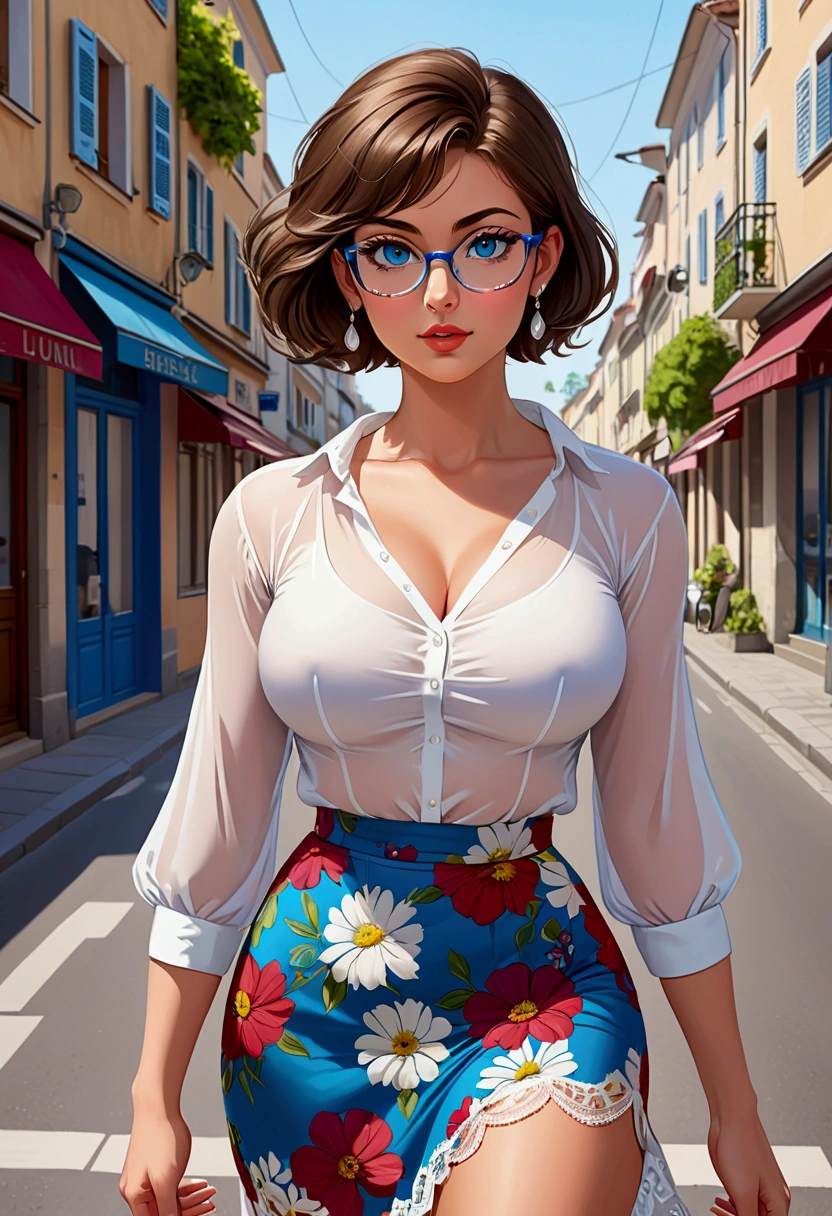 20 years old woman, Short brown hair, Méditerranéenne aux blue eye, Generous and heavy breasts, slender waist, estomac defini, fesses rebondies et pulpeuses, naturally curved, muscular thighs, aguicheuse, walking down the street, in a long floral skirt and a transparent white blouse , lunettes, earrings , blue eye, soutien gorge dentelle blanc, Next to