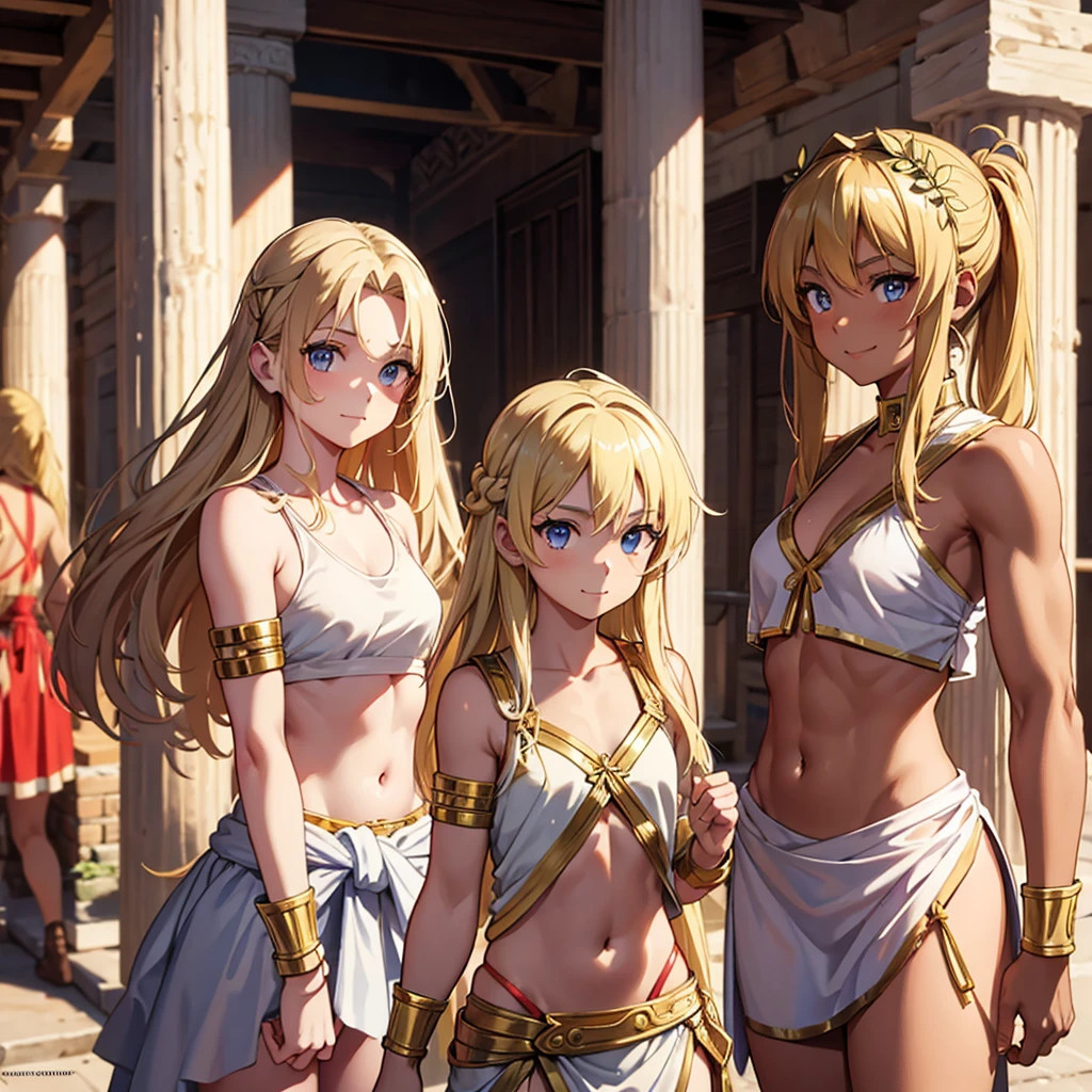 Greek warrior, girls in togas ,tanned skin, cover , ancient Greece,muscular body, defined abdomen,, classical Greece , warrior woman, blonde hair ,teen girl , young girls, really young girls, young body, slim body, small chest , smile