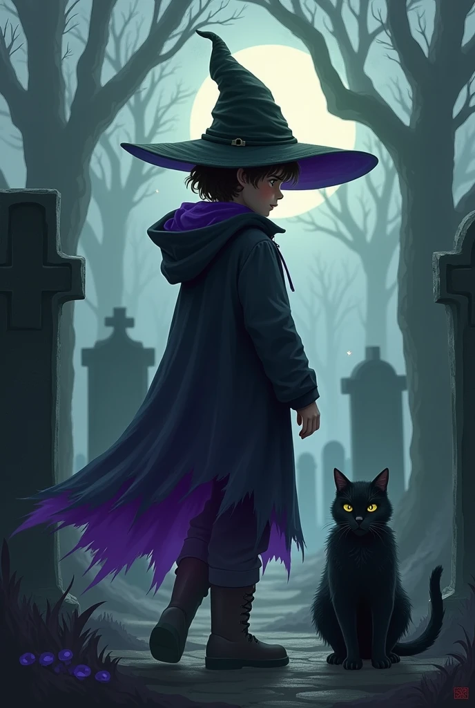 raise a child in the cemetery walking alone, with a witch's hat, a cover with a purple interior and a black cat
