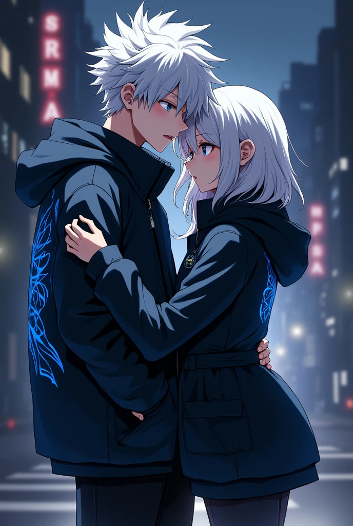 Anime girl and boy hugs each other both are wearing black jacket with some future astic blue pattern on it background city jacket cover with head and zoom more and background little bit of dark jacket has hat and they are wearing it anime boy and girl both have white hair and make their look little bit of wolf style make background night city make girl looks little jealous face make them little young and make girl more jealous 

Make picture same but make girl face like jealous like air in his mouth make girl jealous face like her mouth is full with air and angry face

