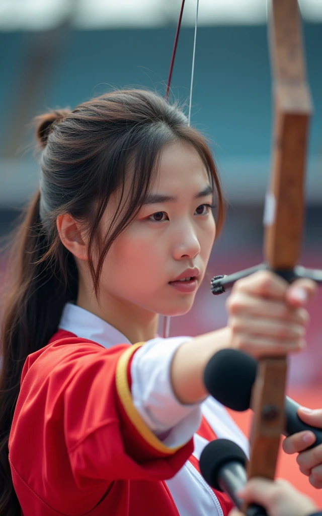 Ultra-high resolution,Women's Archery at the Olympics,Red and white clothing,real picture,(1 Korean beauty,Super beautiful,Fair skin)Half-length photo,Interview with journalists,Olympic competition background