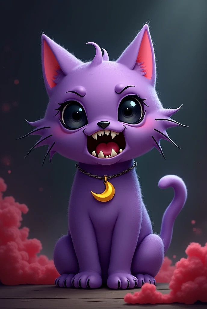 velues,purple cat,eyes black,crazy laugh,black mouth,moon necklace,plush toy,Seams,Red smoke,sin humanos,cartoonized,standing alone,full-featured_cos,natta,horor \(theme\),smiling creatures,by wkar,by darkgem,por sssonic2,for whispering about nothing,by conditional_dnp,por zackary911,por ruvark,