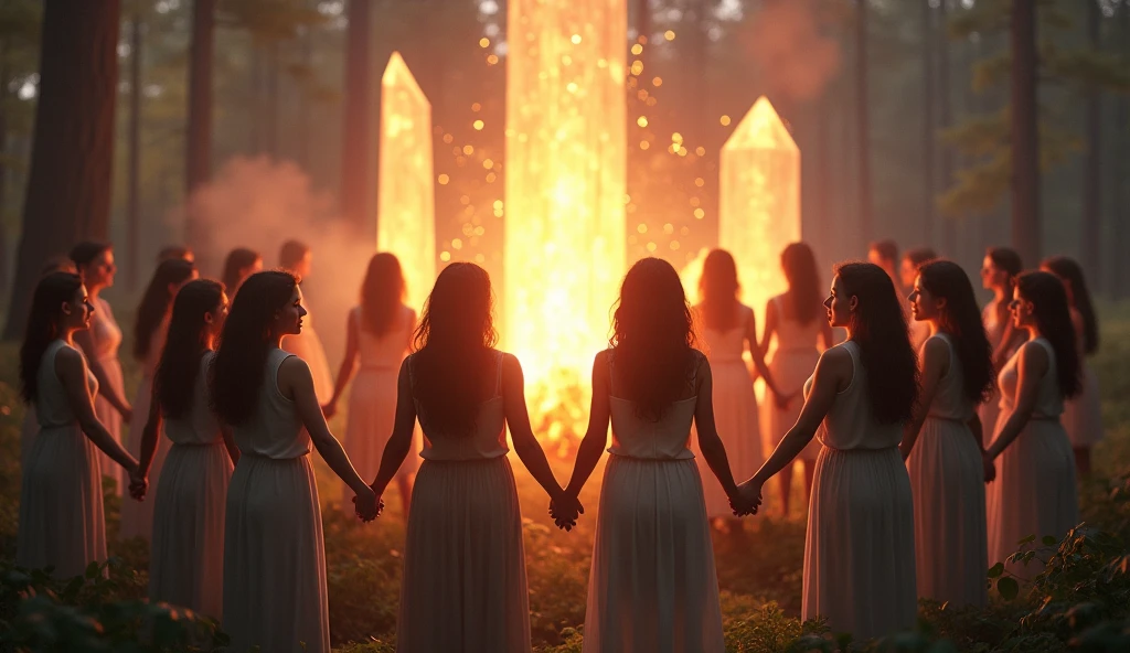 Women in circle holding hands, with a flow of light energy connecting them, representing the unity and collective power of group therapies and the expansion of consciousness, in the background tall crystals, camp fire, light forest, convey depth