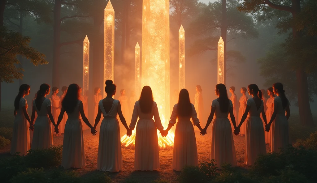 Women in circle holding hands, with a flow of light energy connecting them, representing the unity and collective power of group therapies and the expansion of consciousness, in the background tall crystals, camp fire, light forest, convey depth