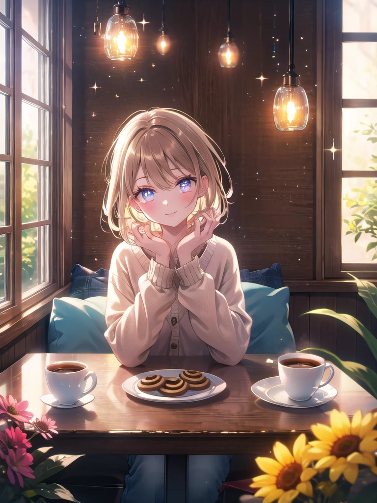 ((8k, Highest quality, masterpiece: 1.3)),Ultra-high resolution,(1 girl, alone), (Color changing eyes, Ultra-detailed, Expressive brilliance, Glitter, Glowing Eyes), Highly detailed eyes, Highly detailed face, Random Hair, ((pastel colour))The woman, with long, straight brown hair, sits at the kitchen table, enjoying a cup of coffee. She’s dressed in a light cardigan and jeans, her expression relaxed and content as she looks out the window. Her eyes occasionally glance at the camera with a serene smile, sharing the calm moment. The kitchen is filled with natural light, and the table is set with a small plate of cookies and a vase of fresh flowers, adding to the tranquil atmosphere.