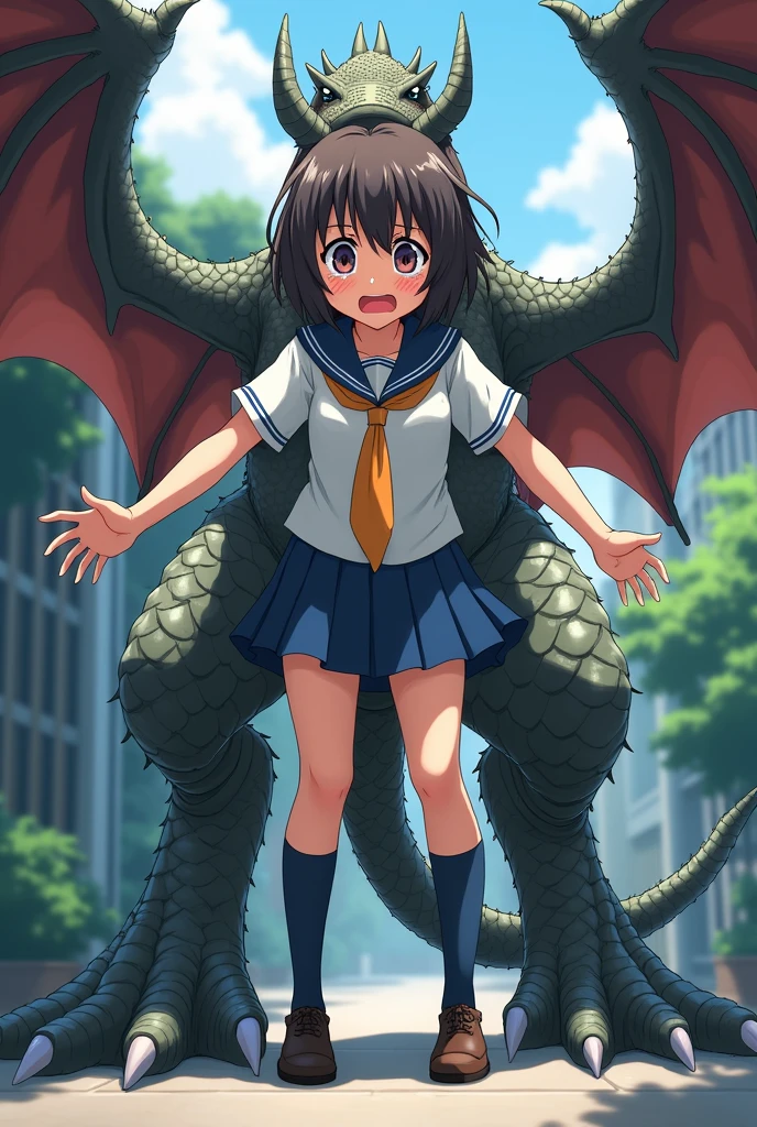 A girl's lower_body is transformed into a dragon(four legs)(scared)(Japanese anime style)(scared and crying)(dragon ears)（student costume）