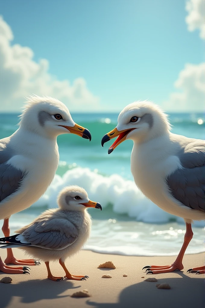 Baby seagull arguing with another seagull