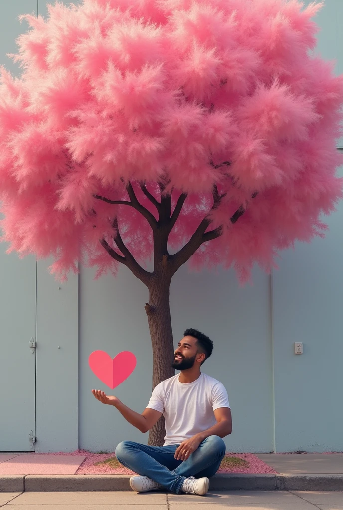 An image in which there is a pink tree and a person sitting and it is on a street and the person has a paper heart in his hand but it is in the city closer to a wall but he is facing the camera and the person is a man. The type of shot is a full shot and he looks straight at the camera and happily the person is not so close to the camera because you can see the full body. 