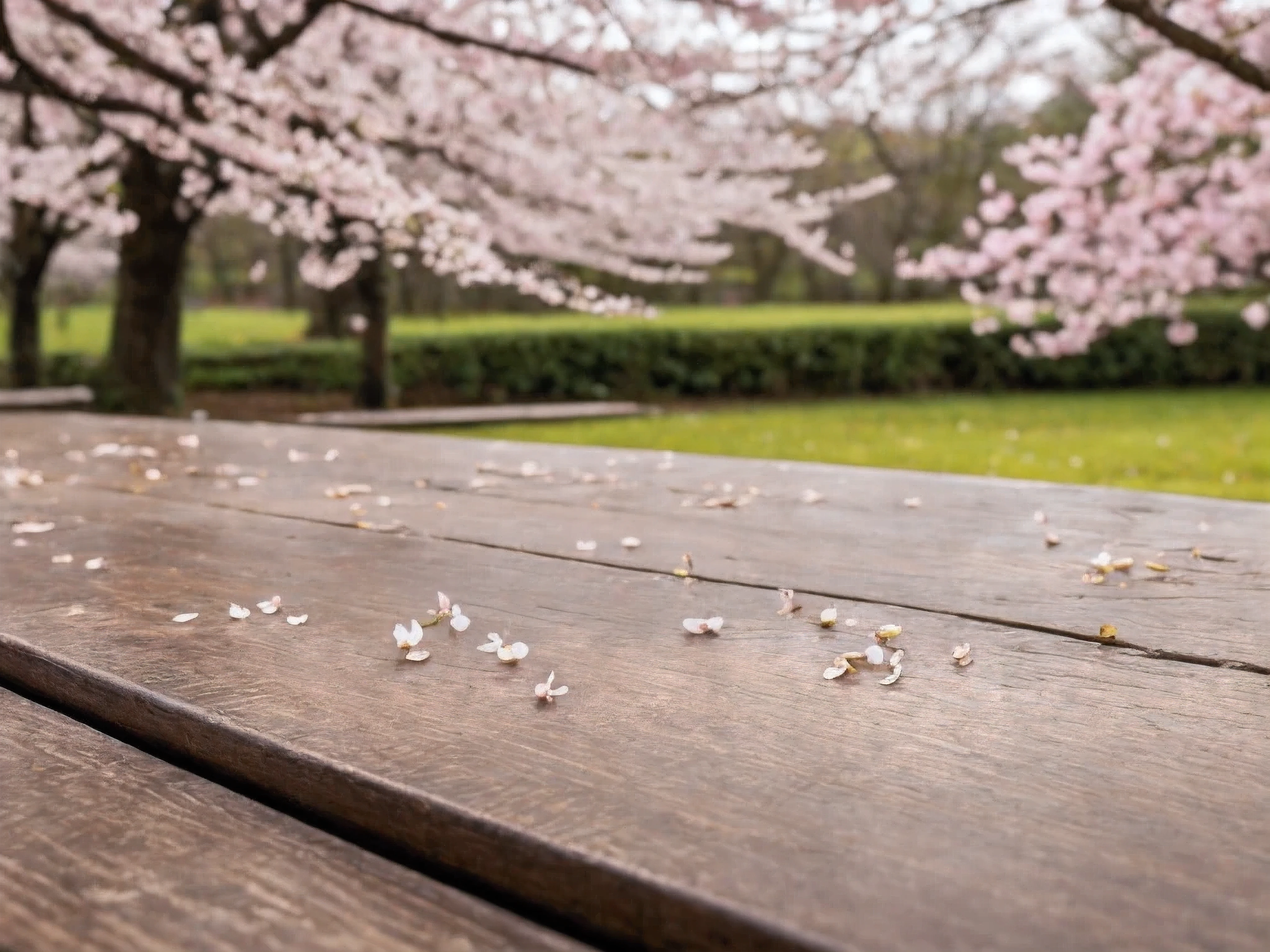 Highest quality,4K,8k,High resolution,masterpiece:1.2,Very detailed,Realist,fotorRealist:1.37 A close-up of a rustic table that symbolizes spring,Spring atmosphere,Depth bokeh, Petals etc.,Cherry blossom petals on the background,Fallen leaves on soft soil,Filtered natural light,Warm Gold、Subtle bokeh effect,Part of the background is blurred. Table texture detail.,Soft colors reminiscent of spring, paying meticulous attention to detail, Emphasise the warmth and comfort of the scene