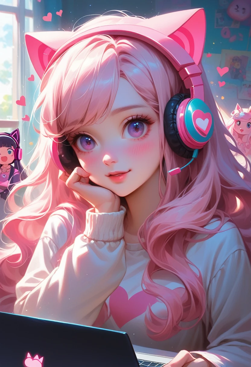 here is a girl wearing headphones and a laptop with a heart on it, e - girl, e-girl, with head phones, with headphones, pokimane, belle delphine, sakimichan, wearing cat ear headphones, chiho, pink headphones, jossi of blackpink, lalisa manoban of blackpink, wearing gaming headset, cutecore