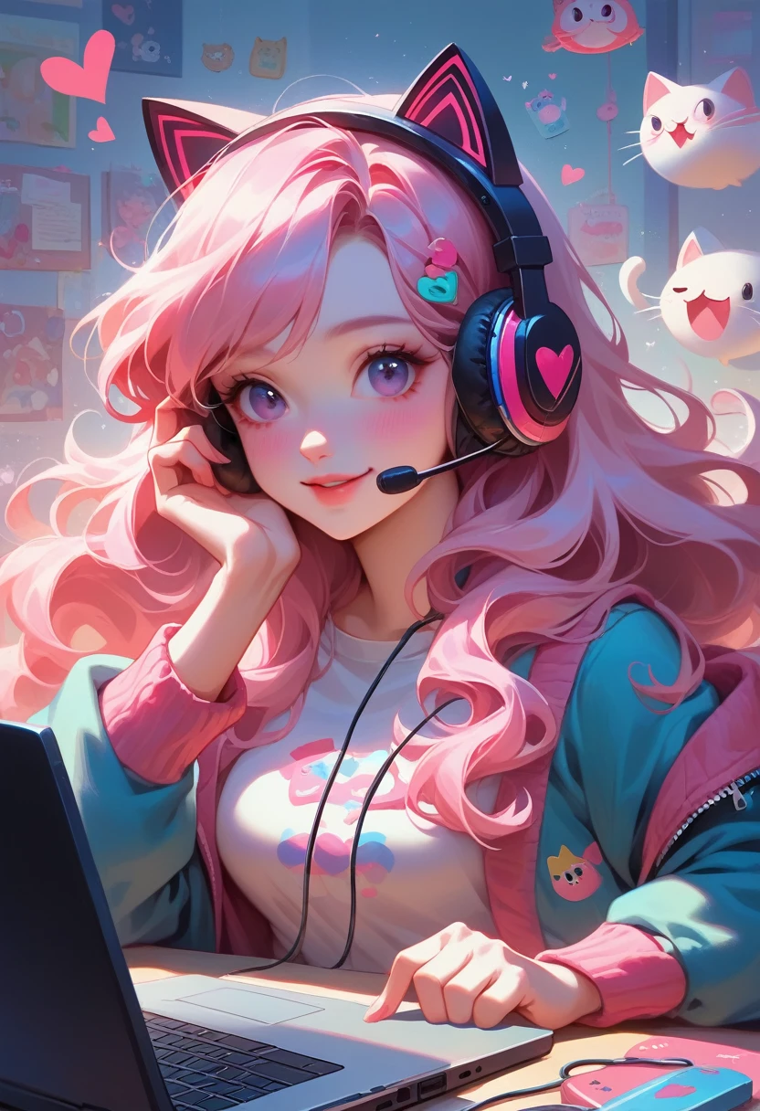 here is a girl wearing headphones and a laptop with a heart on it, e - girl, e-girl, with head phones, with headphones, pokimane, belle delphine, sakimichan, wearing cat ear headphones, chiho, pink headphones, jossi of blackpink, lalisa manoban of blackpink, wearing gaming headset, cutecore