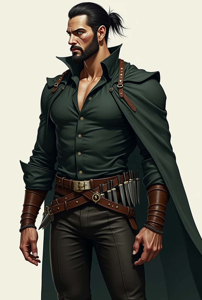 An image showing the entire body of a slender 2 man, with defined muscles and a striking appearance. His face is angular, with piercing green eyes and a prominent scar. He has straight black hair, often tied up in a makeshift bun, and wears a thin beard. His clothing is fitted leather and practical, a bit extravagant., with a dark cloak and a belt full of knives, mixing practicality and ostentation.