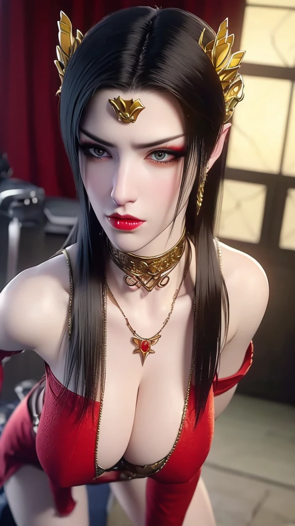 (lifelike, high - resolution:1.3), 1 girl with a perfect body, Super fine face and eyes,slong hair, big ,Expose cleaightning, hyper-realistic graphics, most realistic graphics, 1 girl, alone, solo, Extremely sharp, surreal image, sharp eye makeup, meticulous makeup eyelashes, pretty red lips, pursed lips, full body shot, inside the room, naked, undre NSFW.