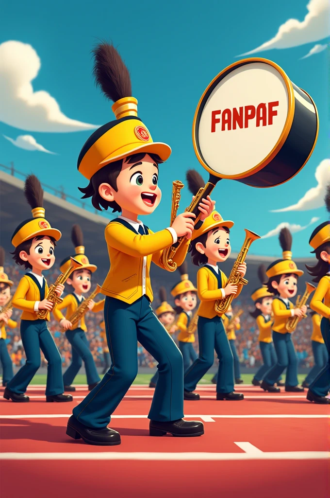 A marching band with several people and them in a row with the tenor box instruments, bass drum, plate in hands playing, and their clothes are yellow with dark blue and the name fanpaf in the image and the image in the form of a Disney cartoon 