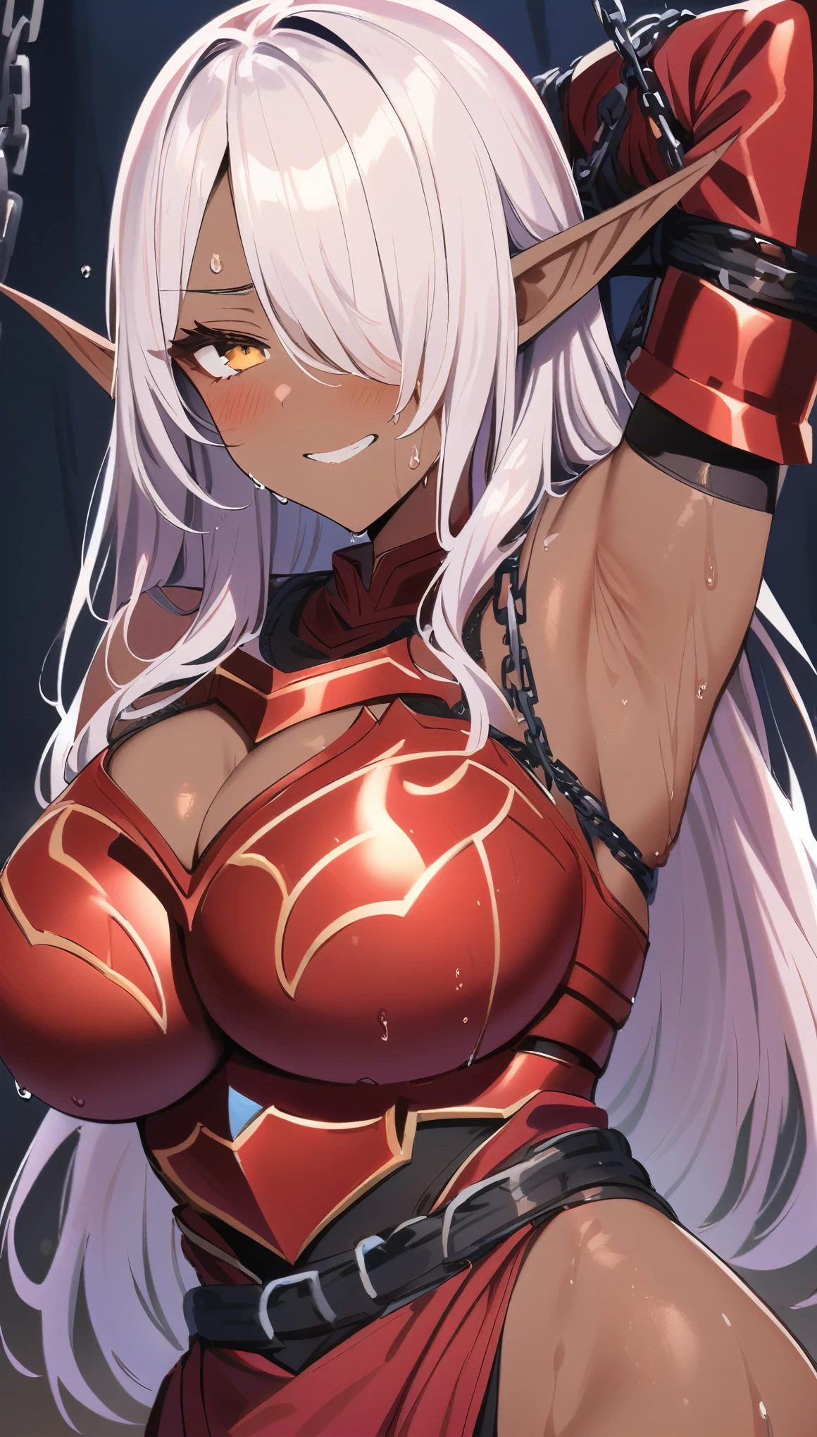 (masterpiece, best quality:1.2), (1 dark elf warrior,wearing a red metal Armor),(Bound by a lot of chains:1.7), solo,dark skin,sweating skin,Open pose:1.7,(hair over one eye, wet hair),