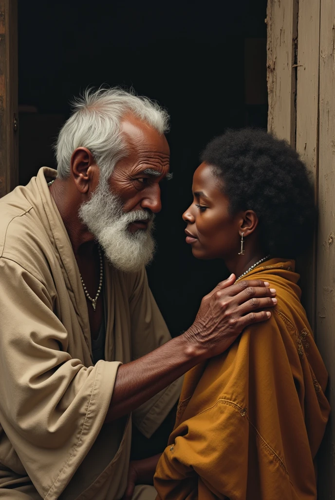 A black old man giving advice to a crying woman while sitting   wearing African traditions 