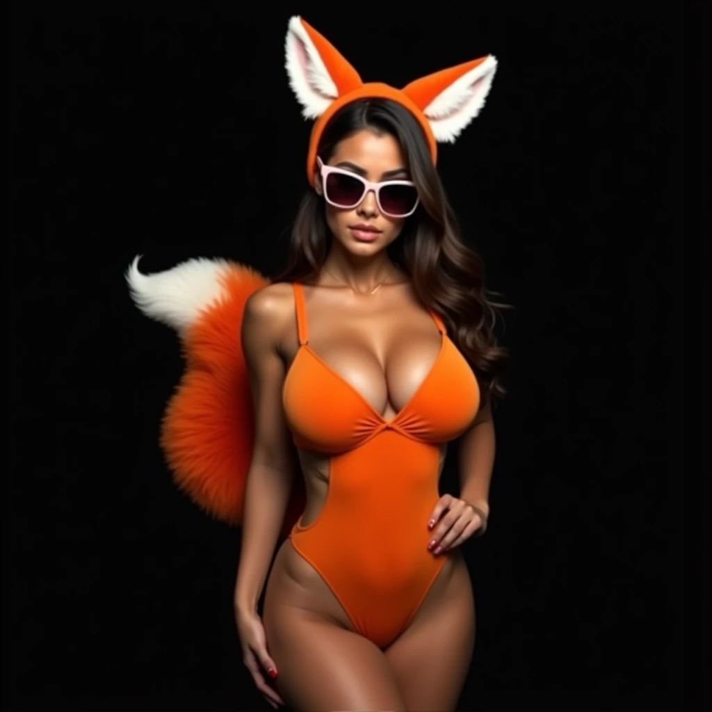 Latin woman, 17 years, huge breasts, sunglasses, Fox tail, fox ears, orange one piece lingerie, Photo studio, Black background