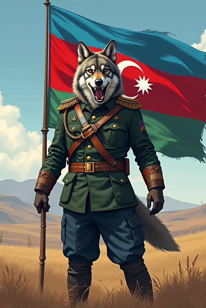 a wolf dressed as a soldier with the flag of Azerbaijan