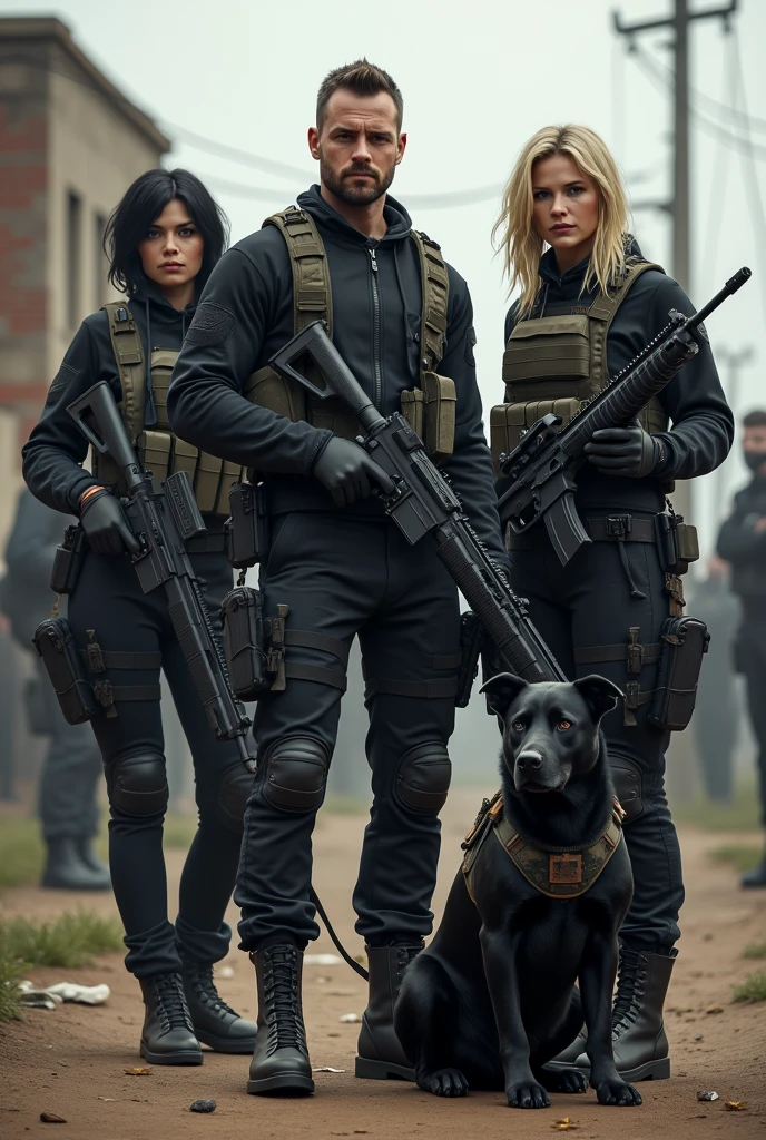 1 Man with short hair and beard and 2 women, one with short black hair and the other with long blonde hair, All three dressed in black tactical clothing, the man with long guns, guns on their waists on their legs and in their vests and women with handguns and pistols on their waists and a black dog dressed in tactical gear in a zombie apocalypse 