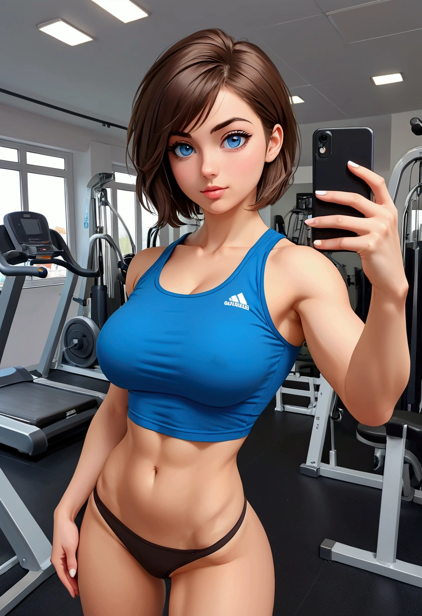 20 years old woman, Short brown hair, Méditerranéenne aux blue eye, Generous and heavy breasts, slender waist, estomac defini, fesses rebondies et pulpeuses, naturally curved, muscular thighs, aguicheuse, in the gym, en short et teeshirt , blue eye, Selfie