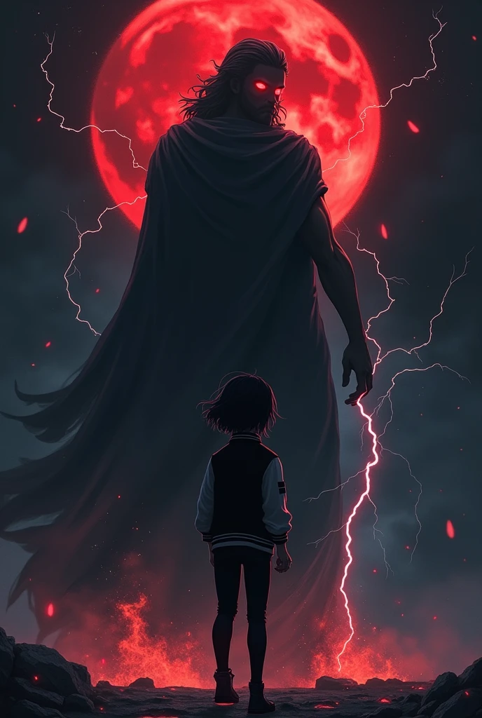 I want a mysterious picture. My book is on an ancient greek civilisation. Black colour theme. Zeus should be standing behind the girl. She has dark hair and a tomboy. I want a dark zeus standing behind her. Also only her back is visible. She ll be surrounded by thunder and lightning and also fire. No frocks or dresses. A jeans and shirt. Also dark zeus. Only surrounded by fire and lightning. And no anime. Realistic picture. A dark one. Zeus should not be visible a lot. Like people shouldnt know its zeus. So just a darkenned zeus. I dont want people to know its him. Um why dont we put a cloak on top of him. Make him more darker. A dark version. I dont want him to be white at all. Darker. I also want bit of blood moon. I want zeus larger. And throwing thunderbolts at the girl. Make zeus extra black. His eyes will bw glowing red. Make the whole background to pitch black. Only light is from fire the blood moon and lightning. Make it look realistic and cool. Not like a kids. Pure adult. No moutains or anything. Complete pitch black. Complete road has to be black. Put some clothes on zeus. The girl has short hair btw. Darker. Dark blood red moon. Cover zeus's face with a cloth. Make the girl short. She s 14 and will wear a varsity jacket. Make it black. Make zeus as a fading background. Totally black colour completely covered by a cloth. Zeuss eyes will be bloody red. Remove the plants. And shes wearing pants. Zeus is angry. Make zeus a fading background. Make the theme more darker and zeus more angry so he throws ligjtning bolts.