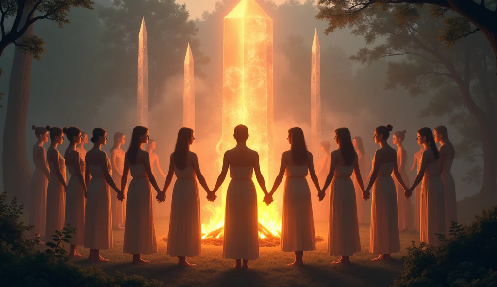 Women in circle holding hands, with a flow of light energy connecting them, representing the unity and collective power of group therapies and the expansion of consciousness, in the background tall crystals, camp fire, light forest, convey depth
