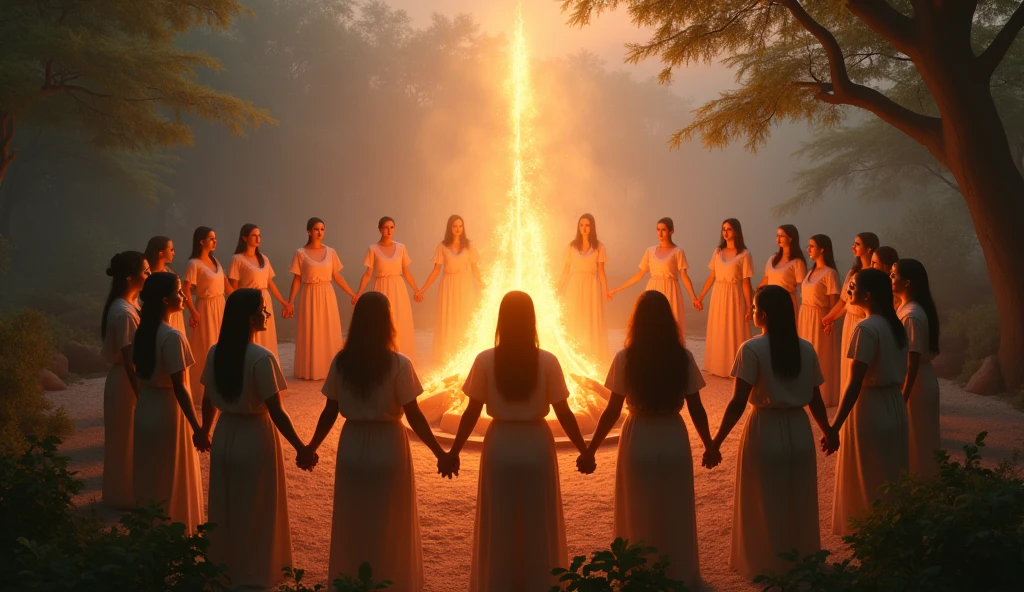 Women in circle holding hands, with a flow of light energy connecting them, representing the unity and collective power of group therapies and the expansion of consciousness, in the background tall crystals, camp fire, light forest, convey depth