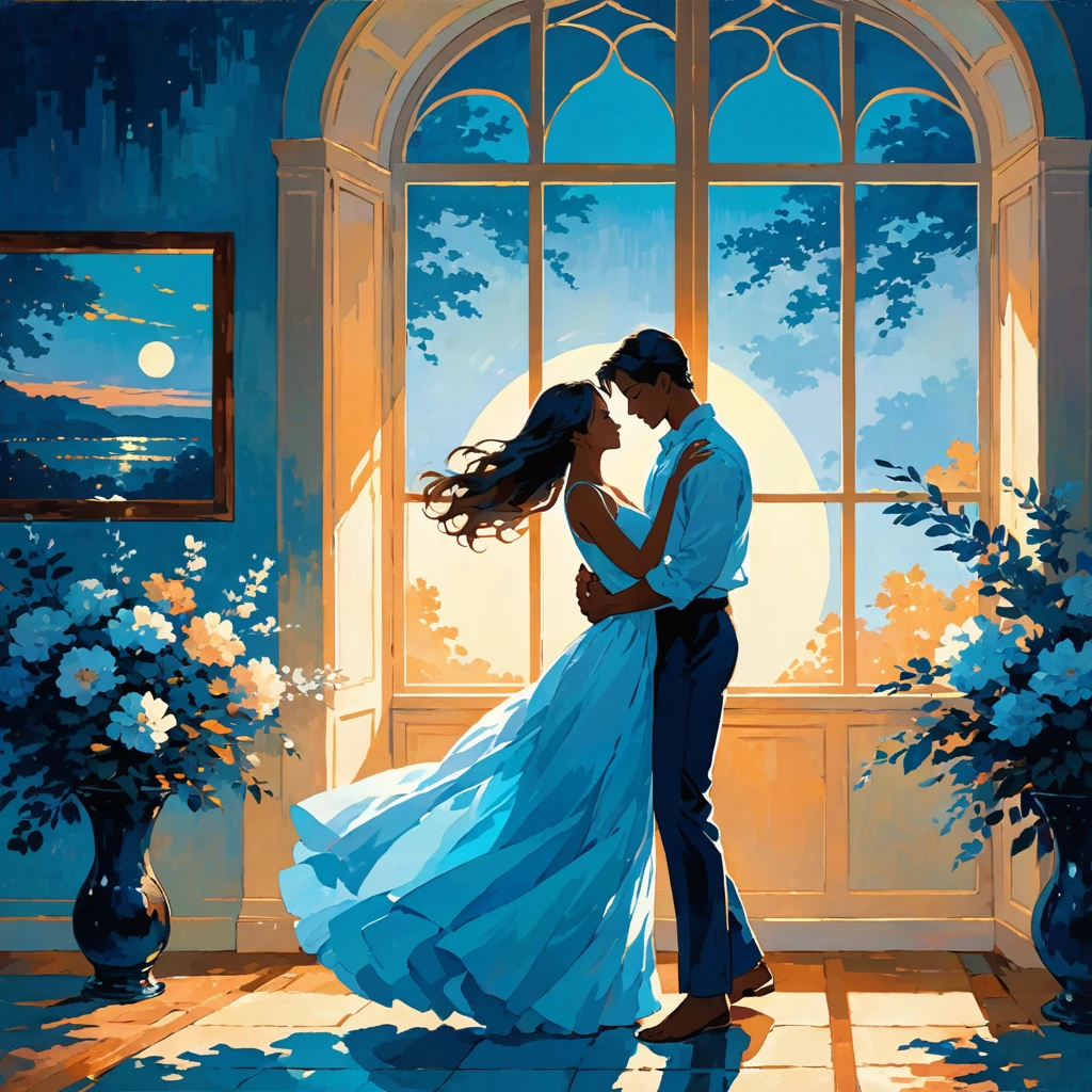 The scene depicts a couple dancing in a softly lit room, illuminated by moonlight streaming through large windows. Their hands are tightly held, and their bodies gently sway to the rhythm of the music. The shadows cast by the moonlight create an intimate and soulful atmosphere. The couple's expressions are calm and content, reflecting the deep connection they share. The color palette should include soft blues, gentle whites, and warm tones to emphasize the peaceful and tender moment they are sharing