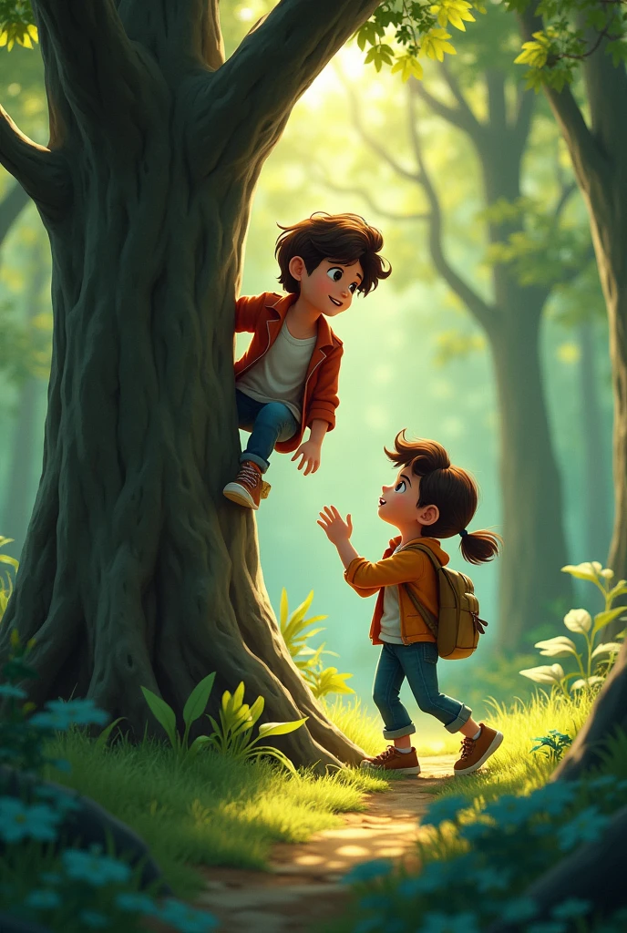 Two friend in the forest one behind the tree and one up the tree