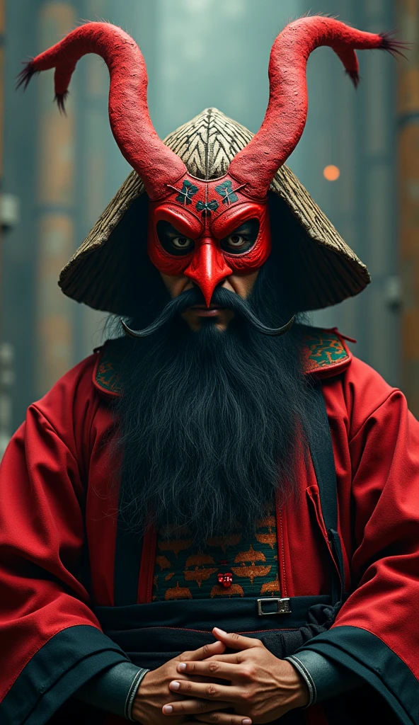 Japanese mythology,Making a Tengu, Red Mask, Long Nose, Feather Hat, 8k, Surrealism, Cinematic,Red Maskと帽子をかぶった、Long bearded man, Villain wearing a red devil mask, samurai portrait photo, demon samurai, Devil Samurai Warrior, Portrait of the samurai on the front, samurai portrait,