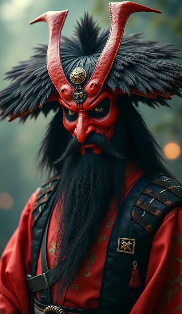 Japanese mythology,Making a Tengu, Red Mask, Long Nose, Feather Hat, 8k, Surrealism, Cinematic,Red Maskと帽子をかぶった、Long bearded man, Villain wearing a red devil mask, samurai portrait photo, demon samurai, Devil Samurai Warrior, Portrait of the samurai on the front, samurai portrait, 