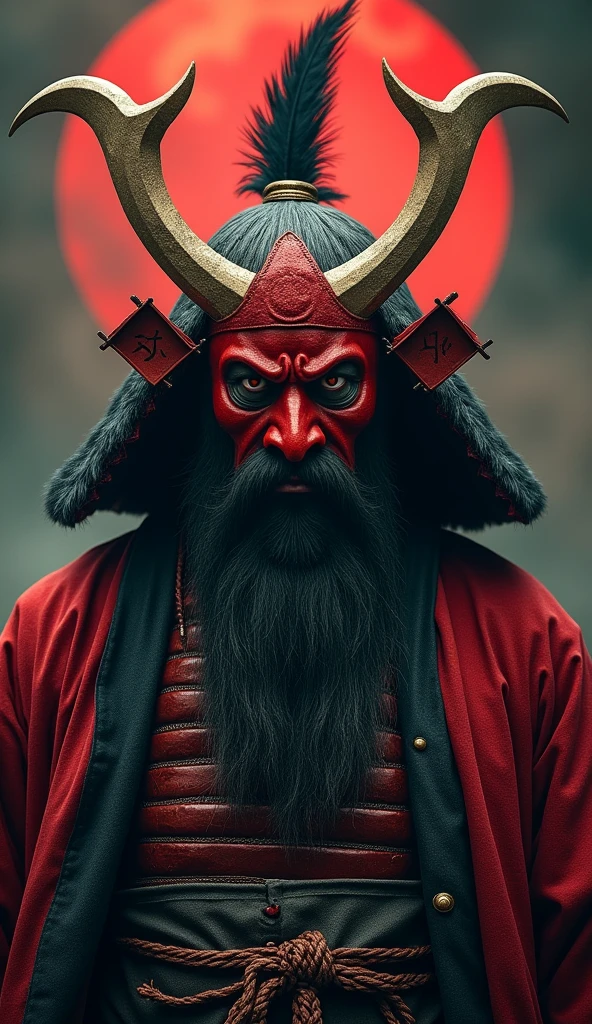 Japanese mythology,Making a Tengu, Red Mask, Long Nose, Feather Hat, 8k, Surrealism, Cinematic,Red Maskと帽子をかぶった、Long bearded man, Villain wearing a red devil mask, samurai portrait photo, demon samurai, Devil Samurai Warrior, Portrait of the samurai on the front, samurai portrait,