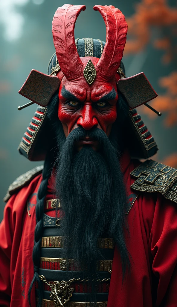 Japanese mythology,Making a Tengu, Red Mask, Long Nose, Feather Hat, 8k, Surrealism, Cinematic,Red Maskと帽子をかぶった、Long bearded man, Villain wearing a red devil mask, samurai portrait photo, demon samurai, Devil Samurai Warrior, Portrait of the samurai on the front, samurai portrait,