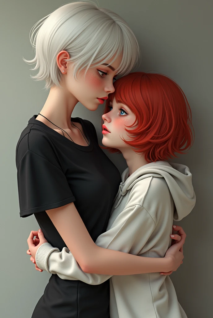 2 girls. hugging. 1 girl is tall, pale skin, freckles, short white hair, Red eyes, Red lips, black T-shirt. 2 девушка pale skin, Red hair, Blue eyes, white hoodie.