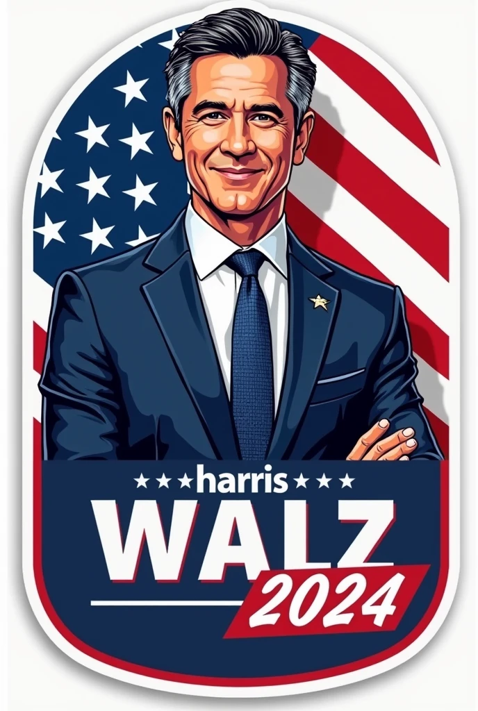 create a high quality transparent background stickers of harris walz 2024 with american flag with text "Harris Walz 2024"